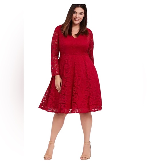 Torrid Red Lace Skater Dress Plus Size 1 Stretch Tulle Lining Pockets Flowy New - Picture 1 of 15